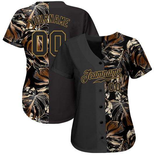 Custom 3D Pattern Design Golden Tropical Leaves In The Style Of Jungle And Hawaii Authentic Baseball Jersey - Sky-Custom