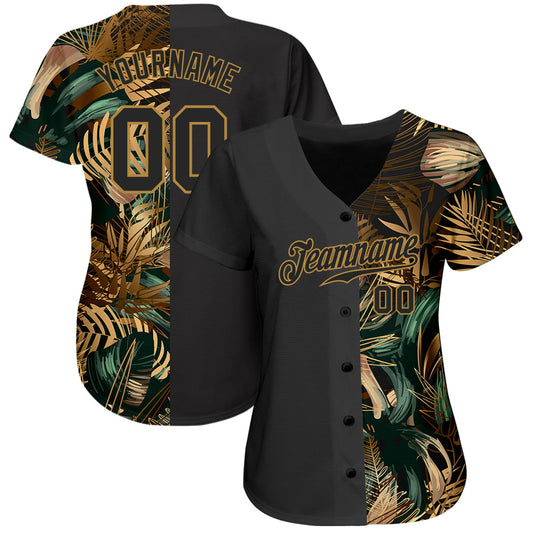 Custom 3D Pattern Design Golden And Green Tropical Leaves In The Style Of Jungle And Hawaii Authentic Baseball Jersey - Sky-Custom
