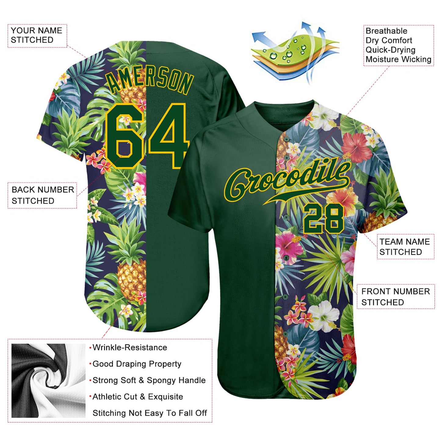 Custom 3D Pattern Design Tropical Pattern With Pineapples Palm Leaves And Flowers Authentic Baseball Jersey - Sky-Custom