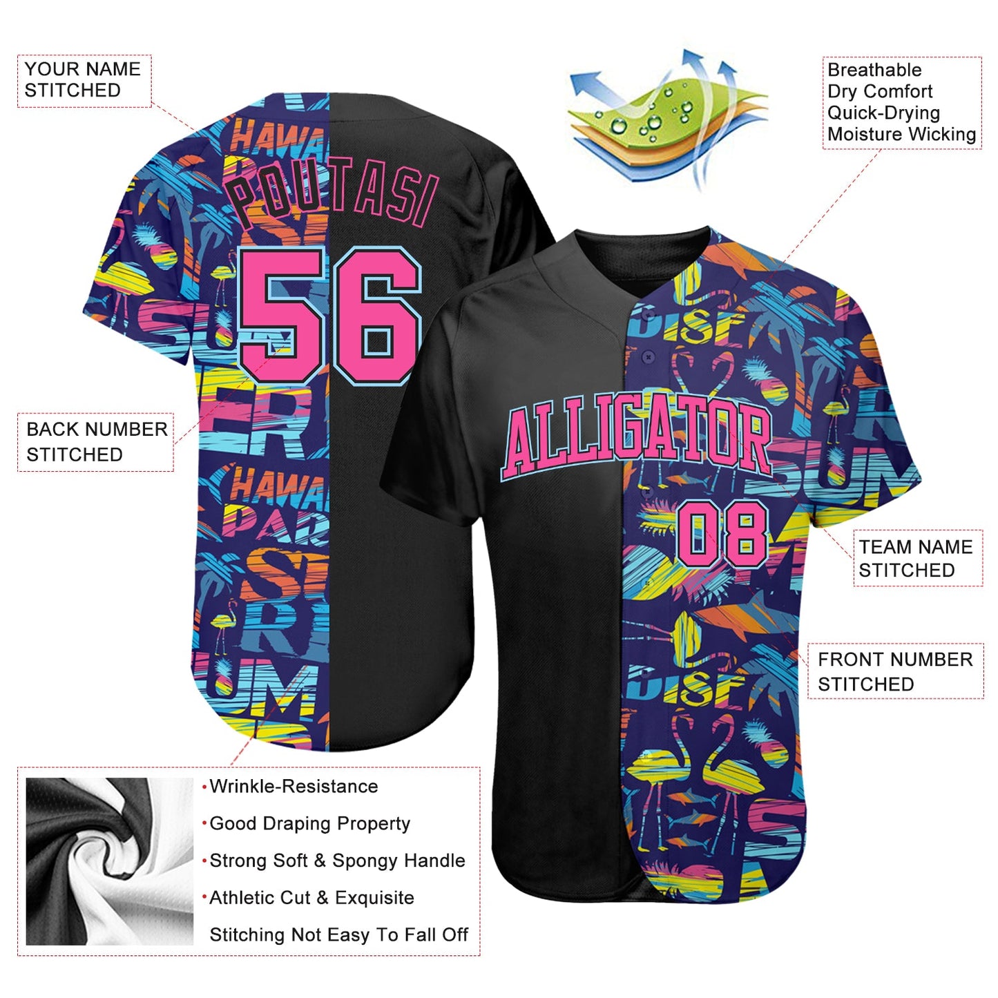 Custom 3D Pattern Design Abstract Geometric Pattern With Palm Trees Sharks Flamingo With The Words:Summer Hawaii Authentic Baseball Jersey - Sky-Custom