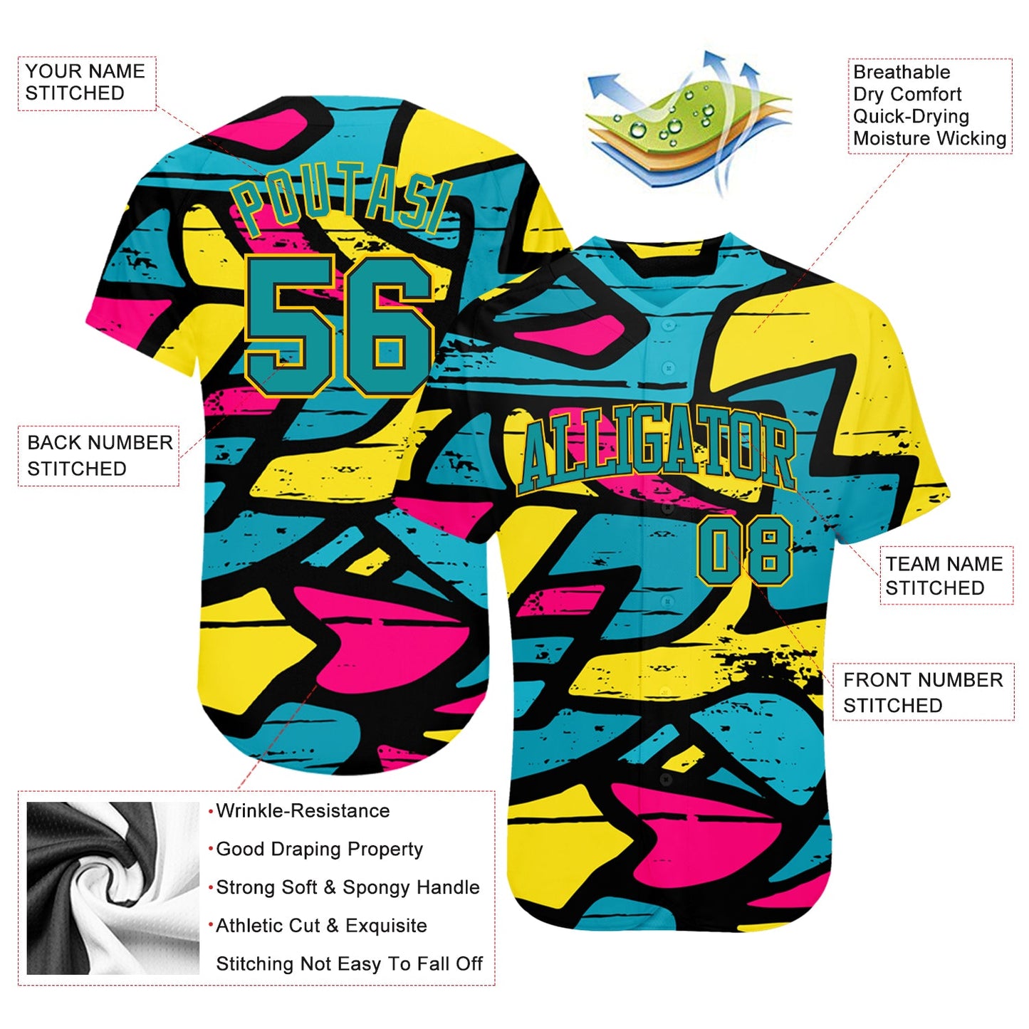 Custom 3D Pattern Design Abstract Graffiti Authentic Baseball Jersey - Sky-Custom