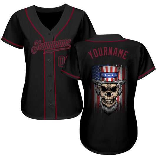 Custom 3D Pattern Design Skull Uncle Sam American Flag Authentic Baseball Jersey - Sky-Custom