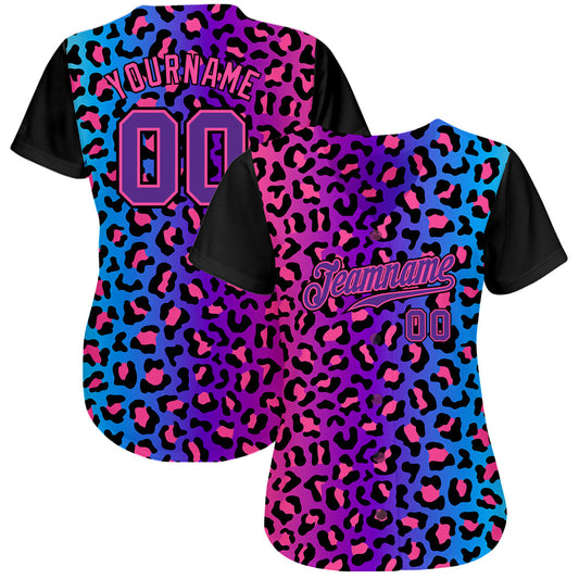 Custom Purple Purple-Pink 3D Pattern Design Leopard Authentic Baseball Jersey - Sky-Custom