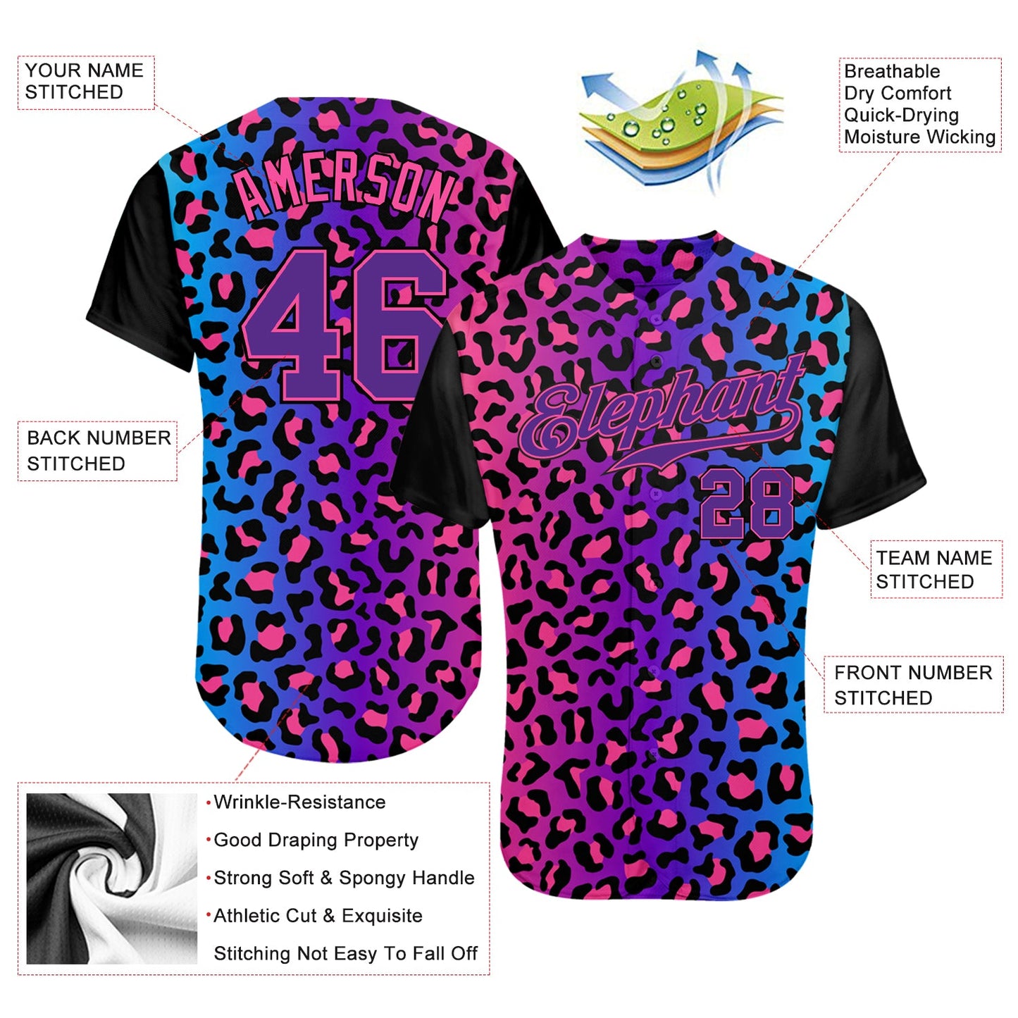 Custom Purple Purple-Pink 3D Pattern Design Leopard Authentic Baseball Jersey - Sky-Custom