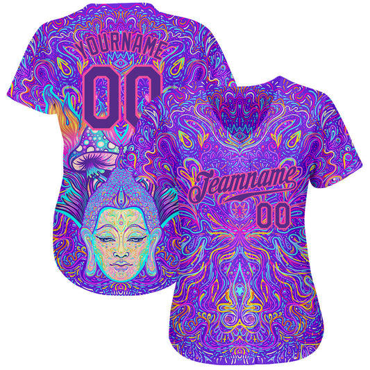 Custom 3D Pattern Design Sitting Buddha Over Colorful Neon Background Psychedelic Mushroom Composition Authentic Baseball Jersey - Sky-Custom