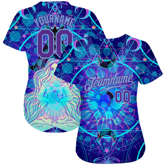 Custom 3D Pattern Design Magic Girl Sitting And Meditation In Lotus Position Over Geometry Psychedelic Hallucination Authentic Baseball Jersey - Sky-Custom
