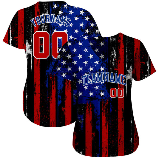 Custom Black Red Royal-White 3D Distressed American Flag Authentic Baseball Jersey - Sky-Custom