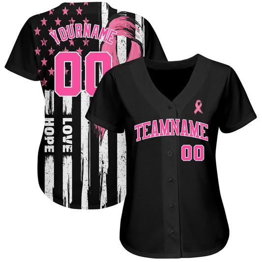 Custom 3D American Flag With Pink Ribbon Breast Cancer Awareness Month Women Health Care Support Authentic Baseball Jersey - Sky-Custom