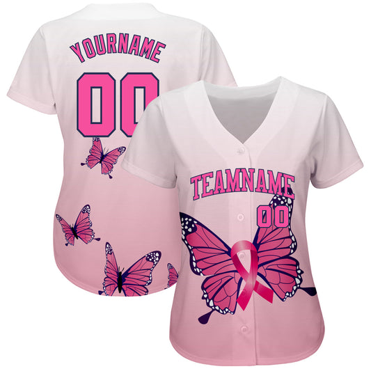 Custom 3D Pink Ribbon Breast Cancer Awareness Month With Butterflies Women Health Care Support Authentic Baseball Jersey - Sky-Custom