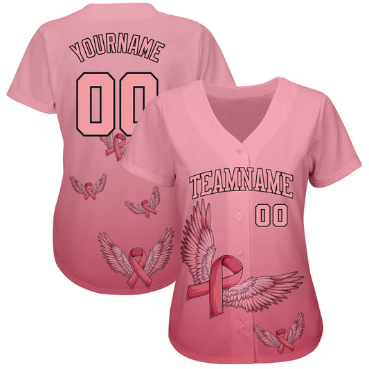 Custom 3D Pink Ribbon With Angel Wings Breast Cancer Awareness Month Women Health Care Support Authentic Baseball Jersey - Sky-Custom