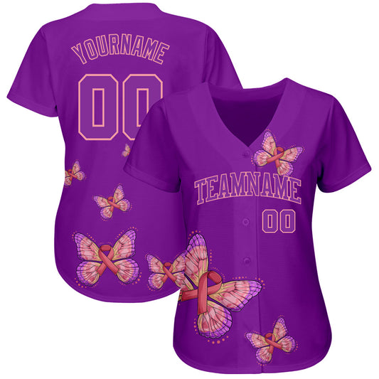 Custom 3D Pink Ribbon With Butterfly Wings Breast Cancer Awareness Month Women Health Care Support Authentic Baseball Jersey - Sky-Custom