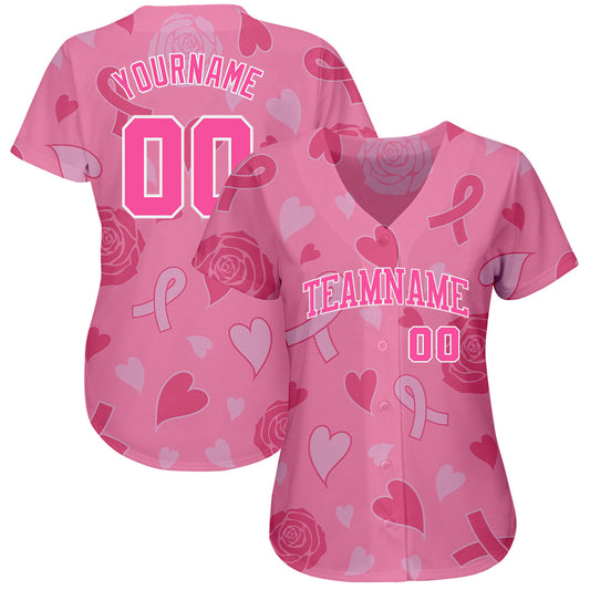 Custom 3D Pink Ribbon Breast Cancer Awareness Month Women Health Care Support Authentic Baseball Jersey - Sky-Custom