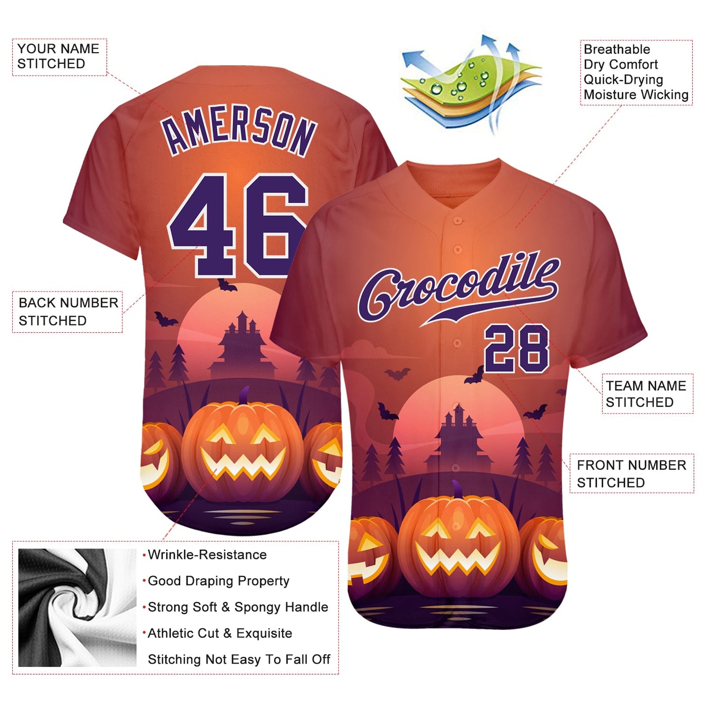 Custom 3D Pattern Halloween Pumpkins Horror Night Authentic Baseball Jersey - Sky-Custom