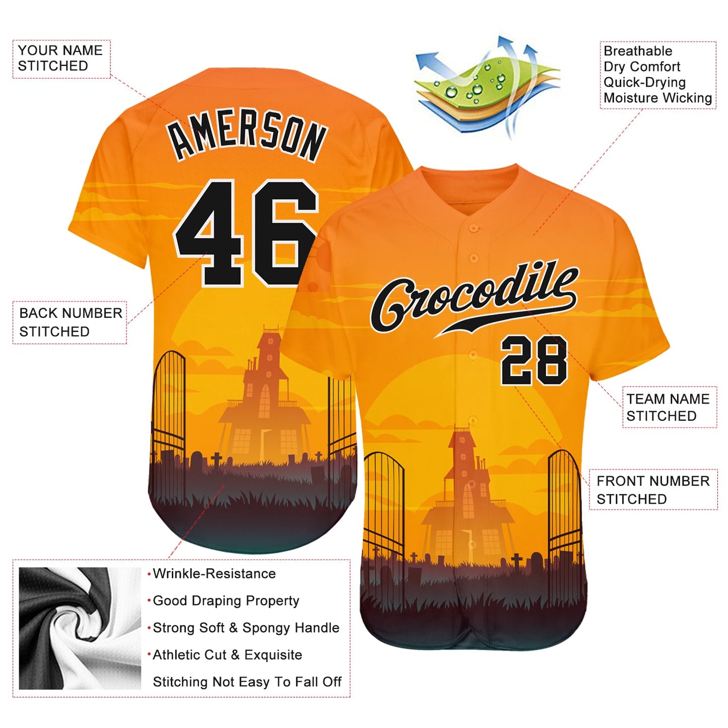 Custom 3D Pattern Halloween Horror Night Authentic Baseball Jersey - Sky-Custom