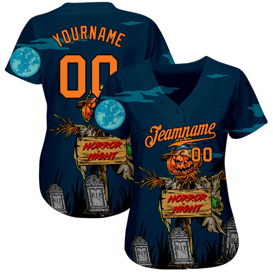 Custom 3D Pattern Halloween Pumpkins Horror Night Authentic Baseball Jersey - Sky-Custom