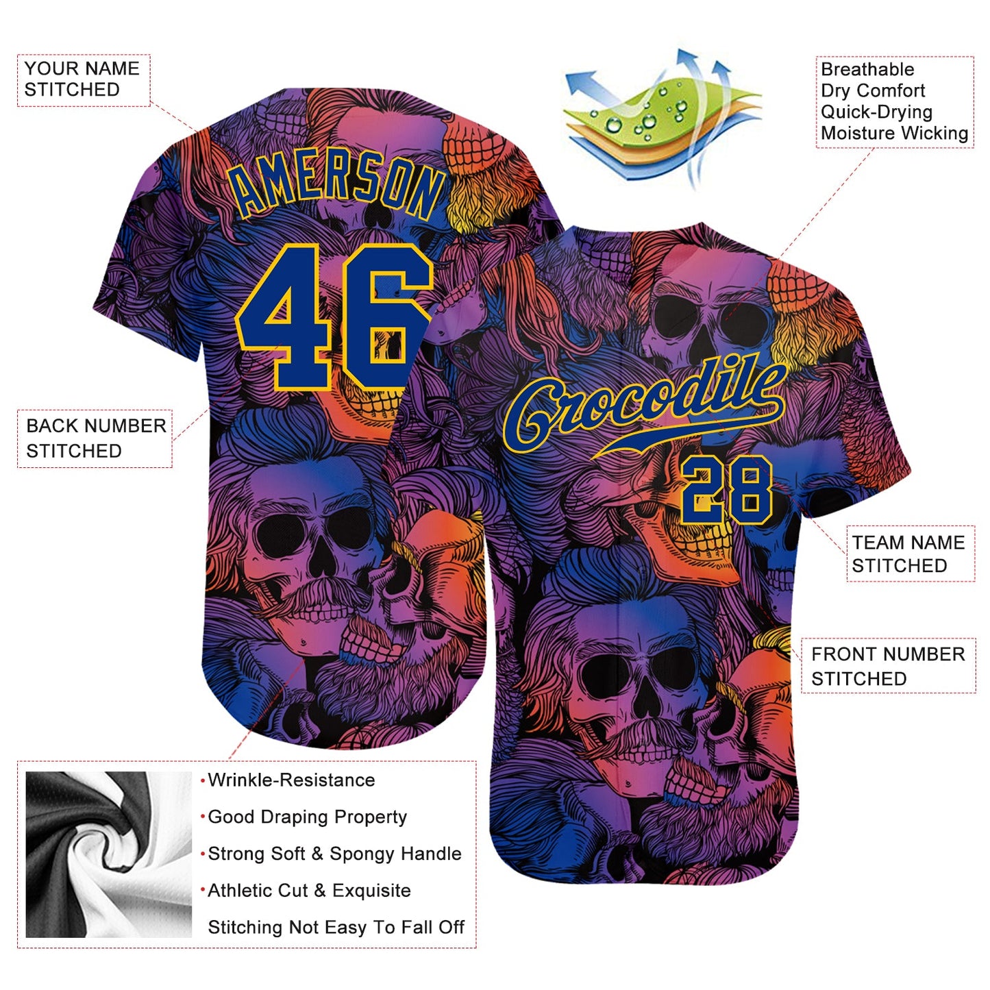 Custom 3D Pattern Halloween Skulls Authentic Baseball Jersey - Sky-Custom