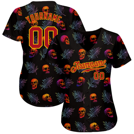 Custom 3D Pattern Halloween Skulls And Palm Leaves Authentic Baseball Jersey - Sky-Custom