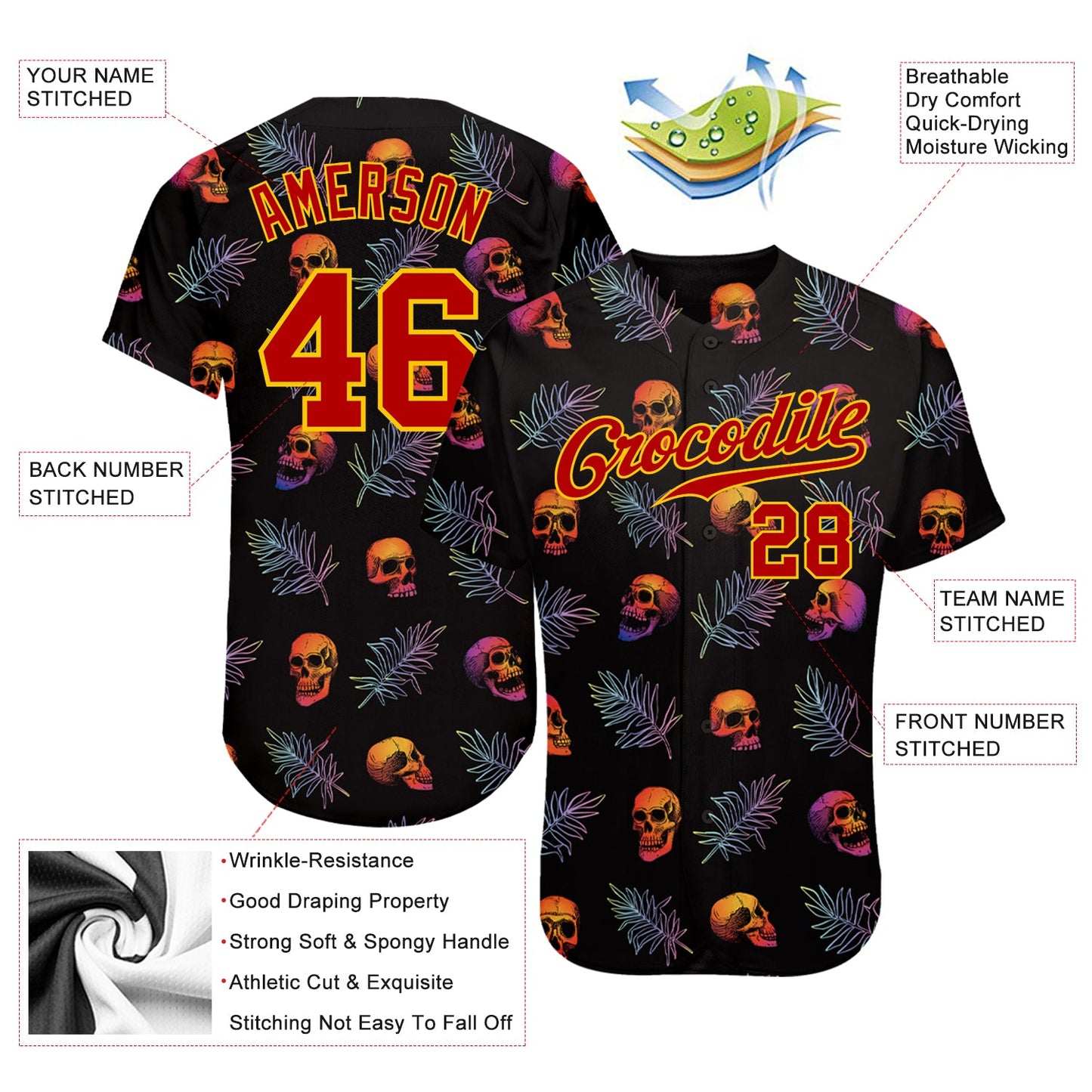 Custom 3D Pattern Halloween Skulls And Palm Leaves Authentic Baseball Jersey - Sky-Custom