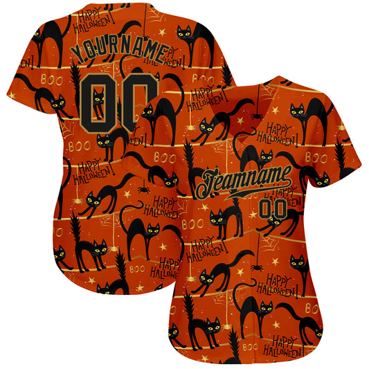 Custom 3D Pattern Happy Halloween Black Cats Spiders Authentic Baseball Jersey - Sky-Custom
