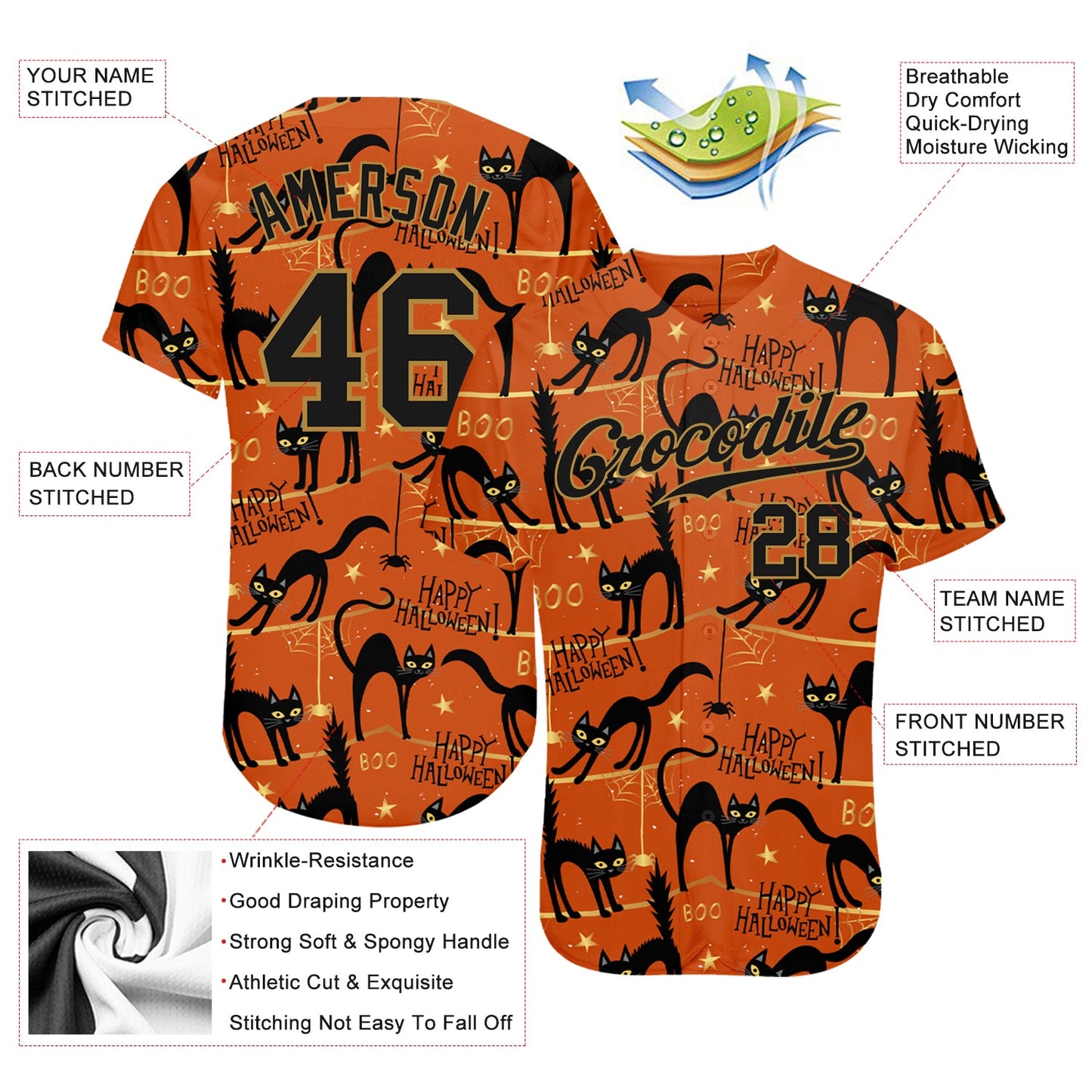 Custom 3D Pattern Happy Halloween Black Cats Spiders Authentic Baseball Jersey - Sky-Custom