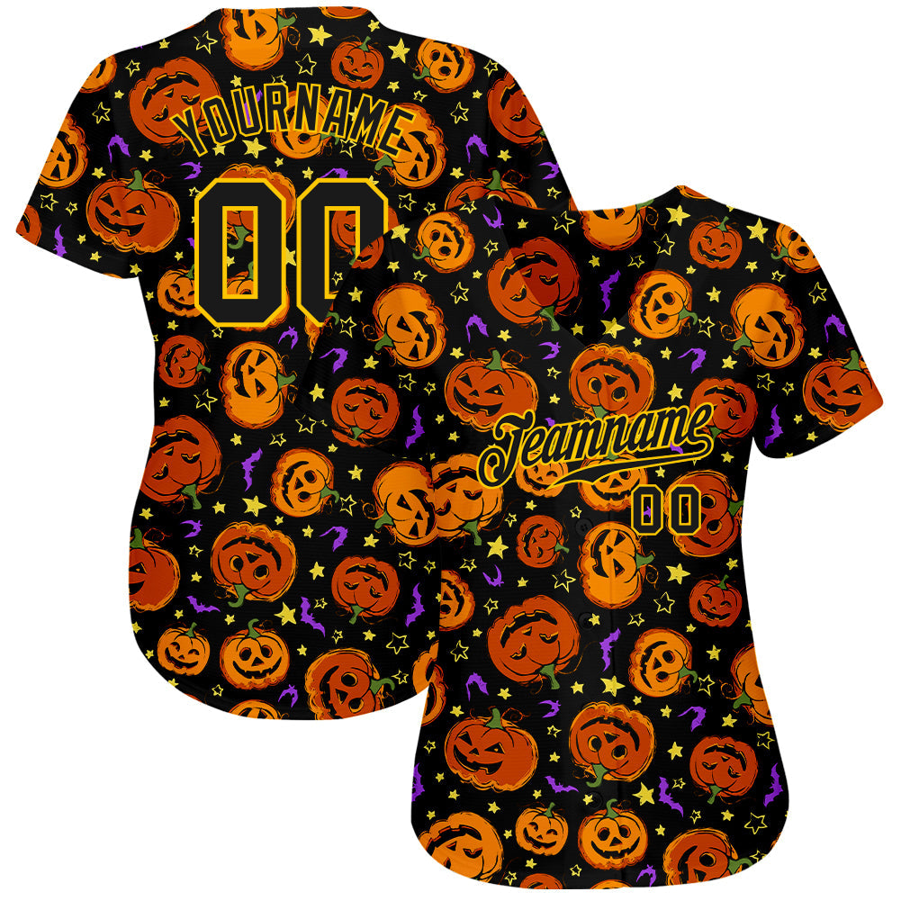 Custom 3D Pattern Halloween Pumpkins Bats Stars Authentic Baseball Jersey - Sky-Custom