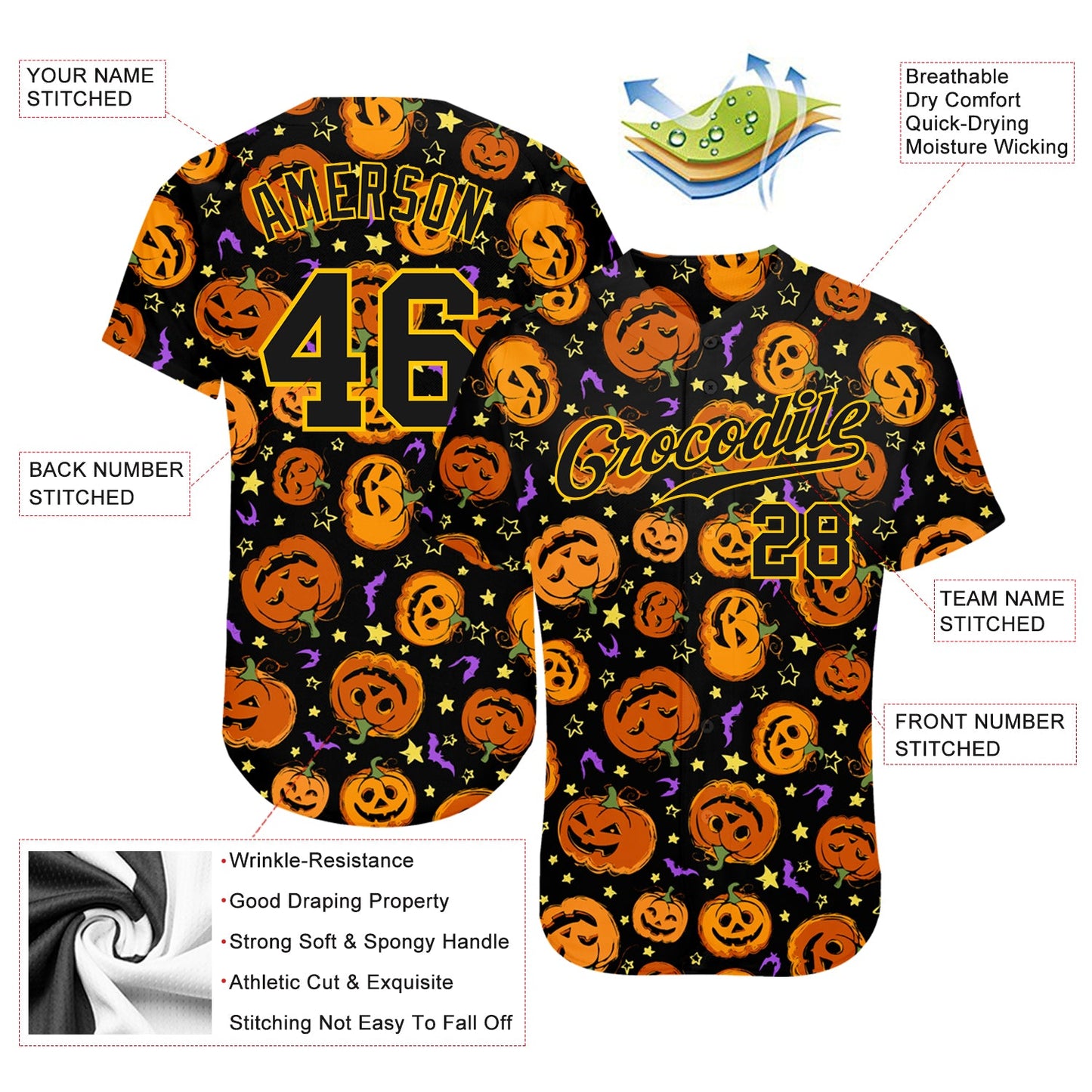 Custom 3D Pattern Halloween Pumpkins Bats Stars Authentic Baseball Jersey - Sky-Custom