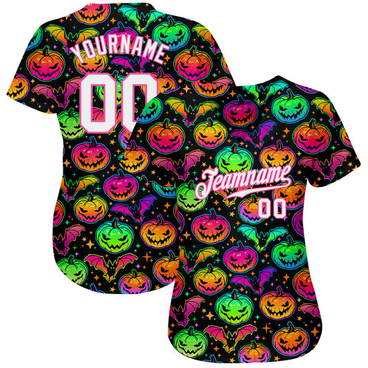 Custom 3D Pattern Bright Multicolored Halloween Pumpkins And Bats Authentic Baseball Jersey - Sky-Custom