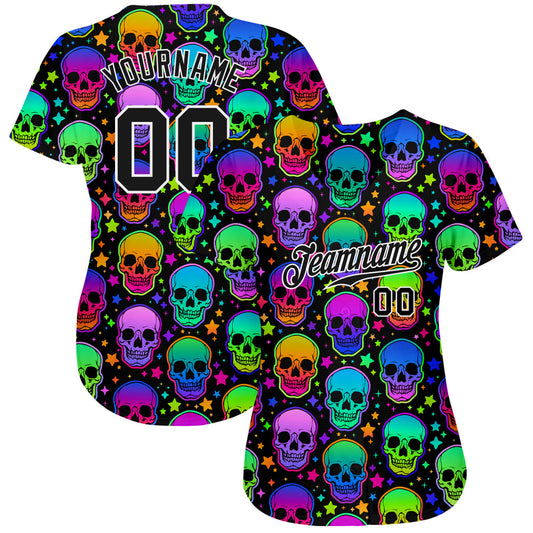 Custom 3D Pattern Bright Multicolored Halloween Skulls Authentic Baseball Jersey - Sky-Custom