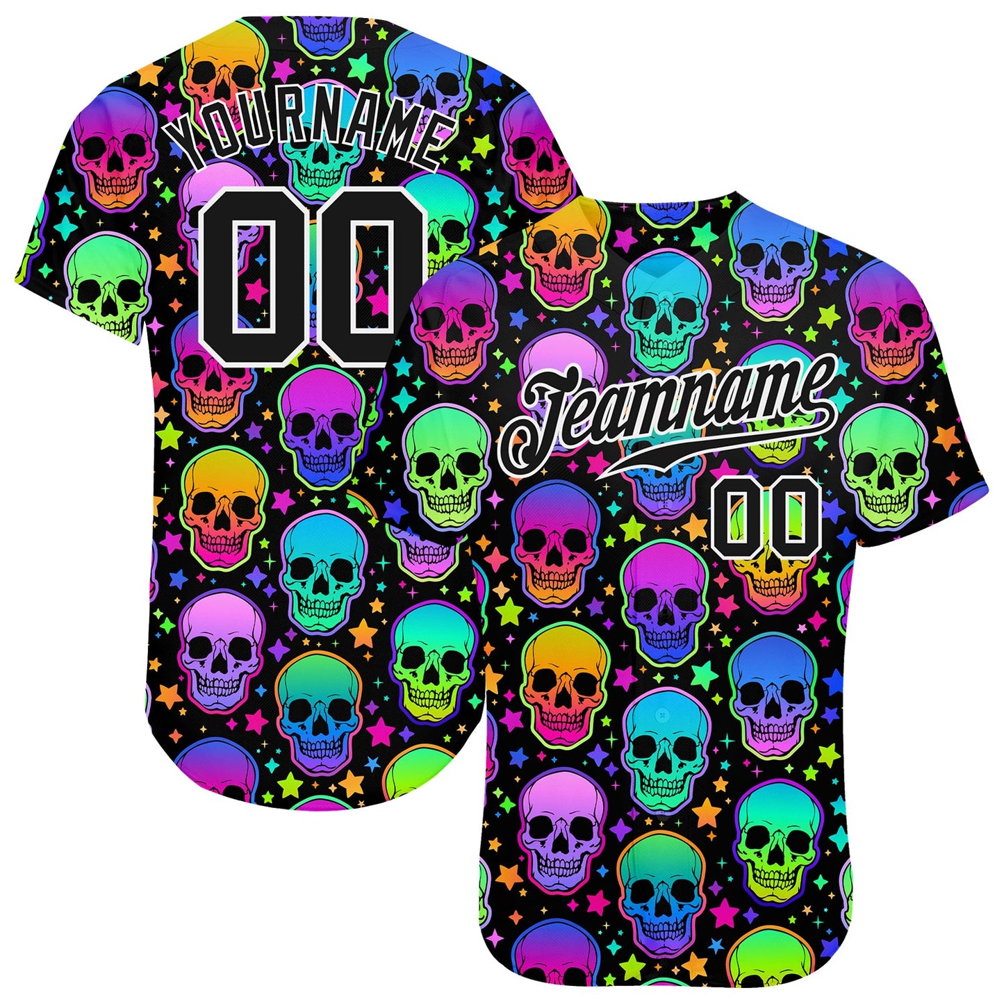 Custom 3D Pattern Bright Multicolored Halloween Skulls Authentic Baseball Jersey - Sky-Custom