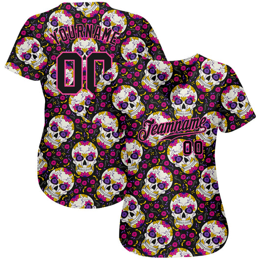 Custom 3D Pattern Halloween Skulls With Floral Authentic Baseball Jersey - Sky-Custom