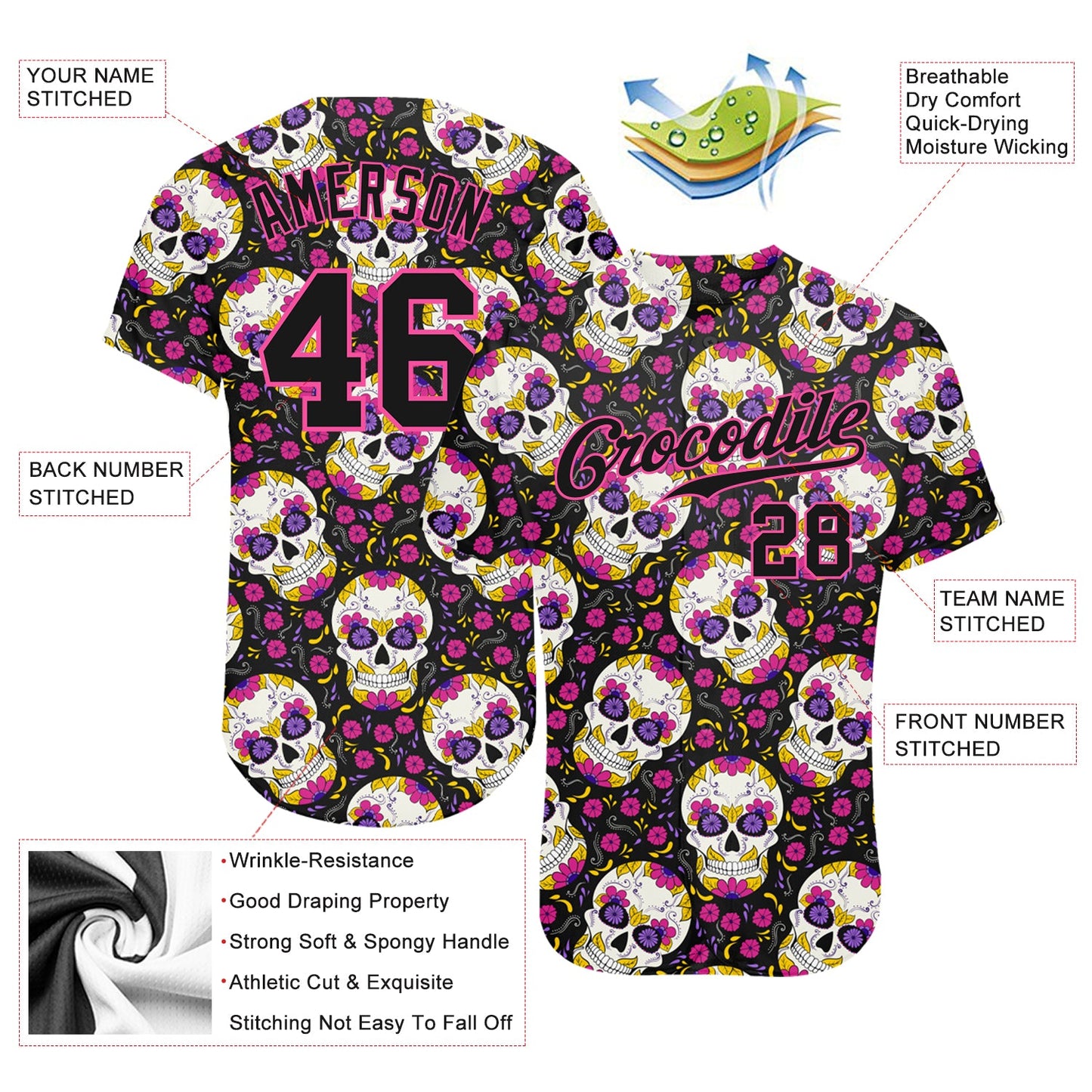 Custom 3D Pattern Halloween Skulls With Floral Authentic Baseball Jersey - Sky-Custom