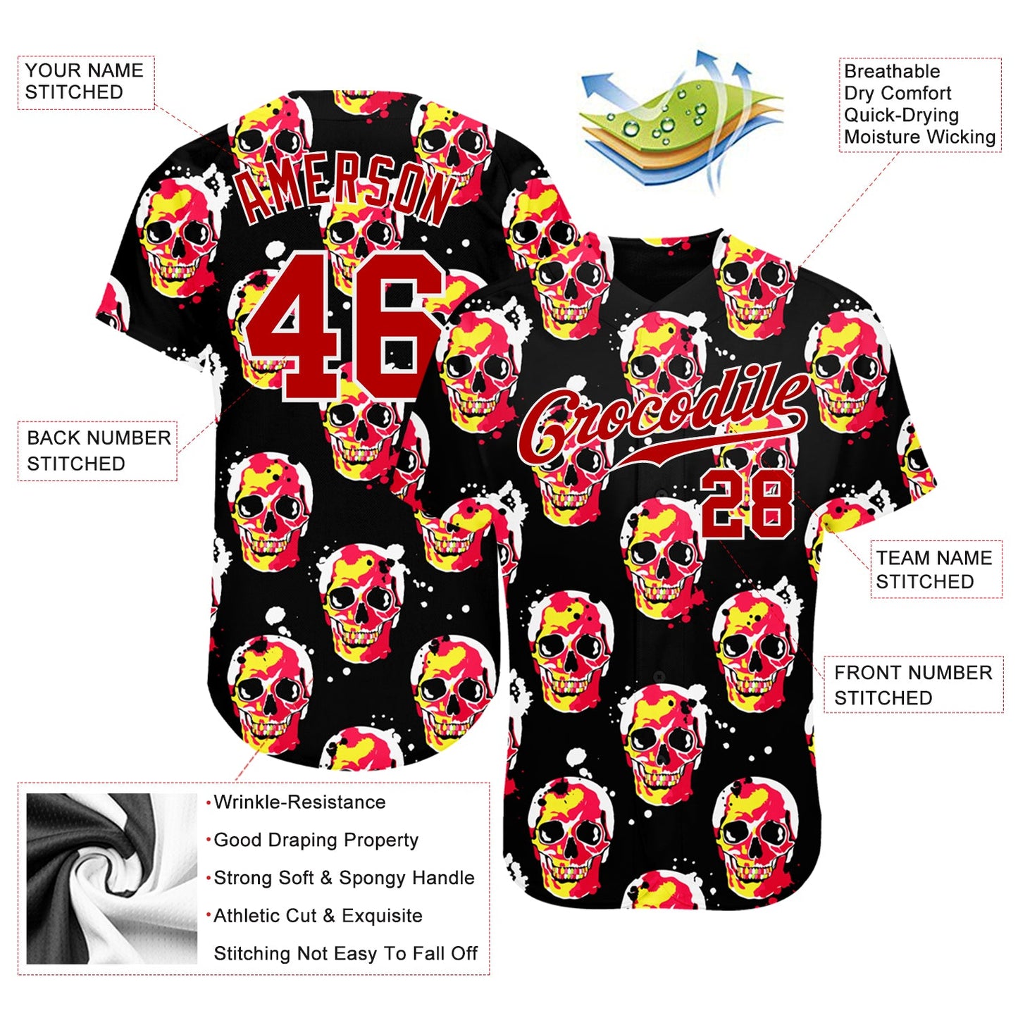 Custom 3D Pattern Halloween Skulls Authentic Baseball Jersey - Sky-Custom