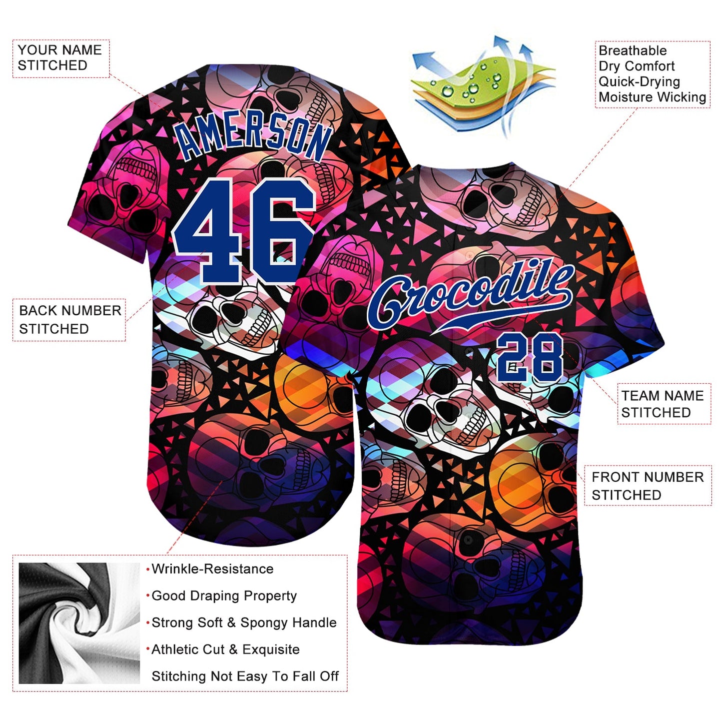 Custom 3D Pattern Halloween Skulls Authentic Baseball Jersey - Sky-Custom