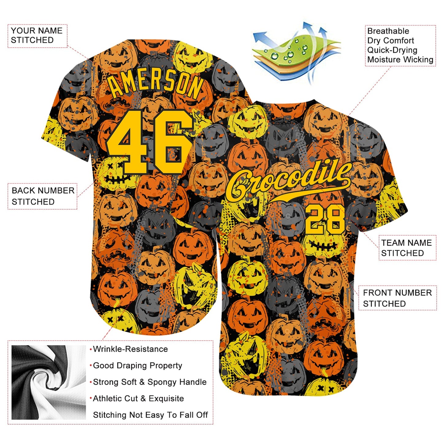 Custom 3D Pattern Halloween Pumpkins Authentic Baseball Jersey - Sky-Custom