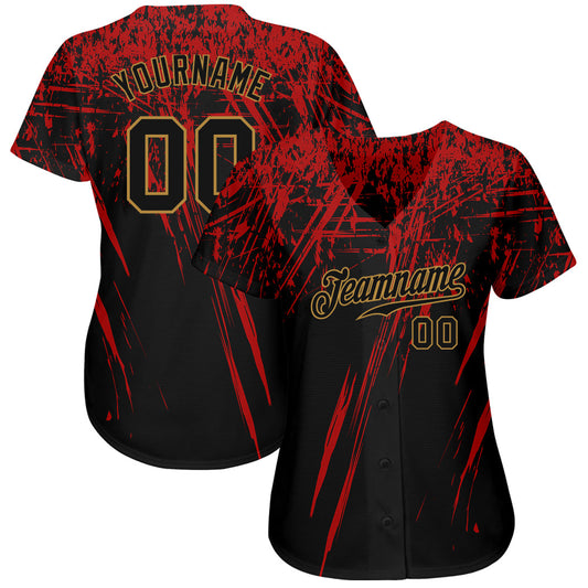 Custom Black Black Red-Old Gold 3D Pattern Design Authentic Baseball Jersey - Sky-Custom