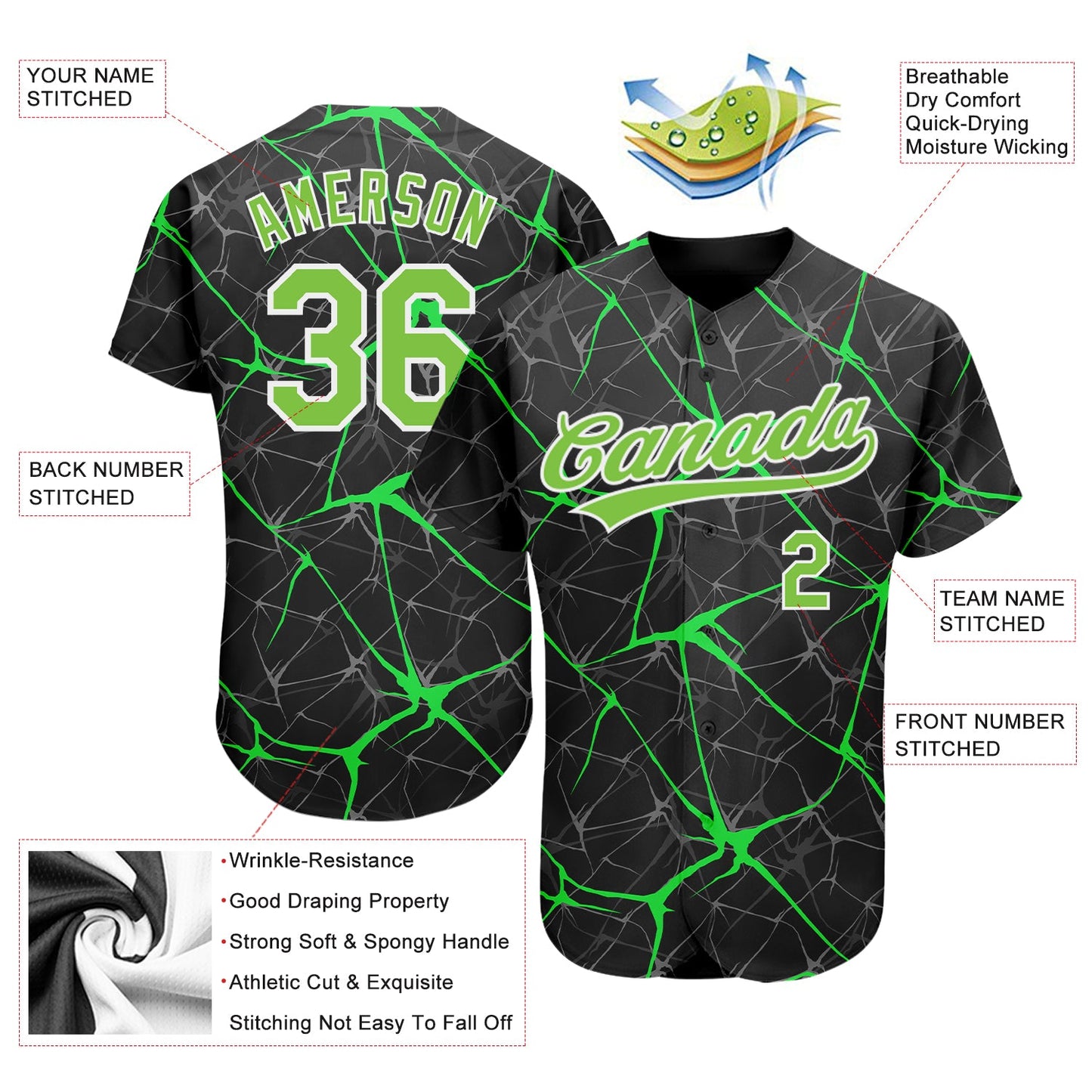 Custom Black Neon Green-White 3D Pattern Design Authentic Baseball Jersey - Sky-Custom