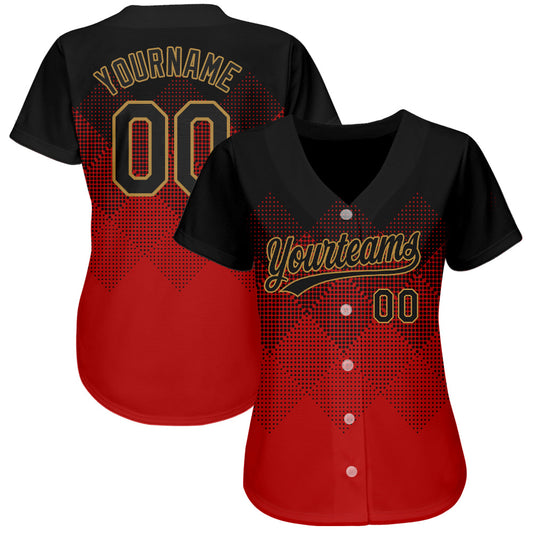 Custom Red Black-Old Gold 3D Pattern Design Authentic Baseball Jersey - Sky-Custom