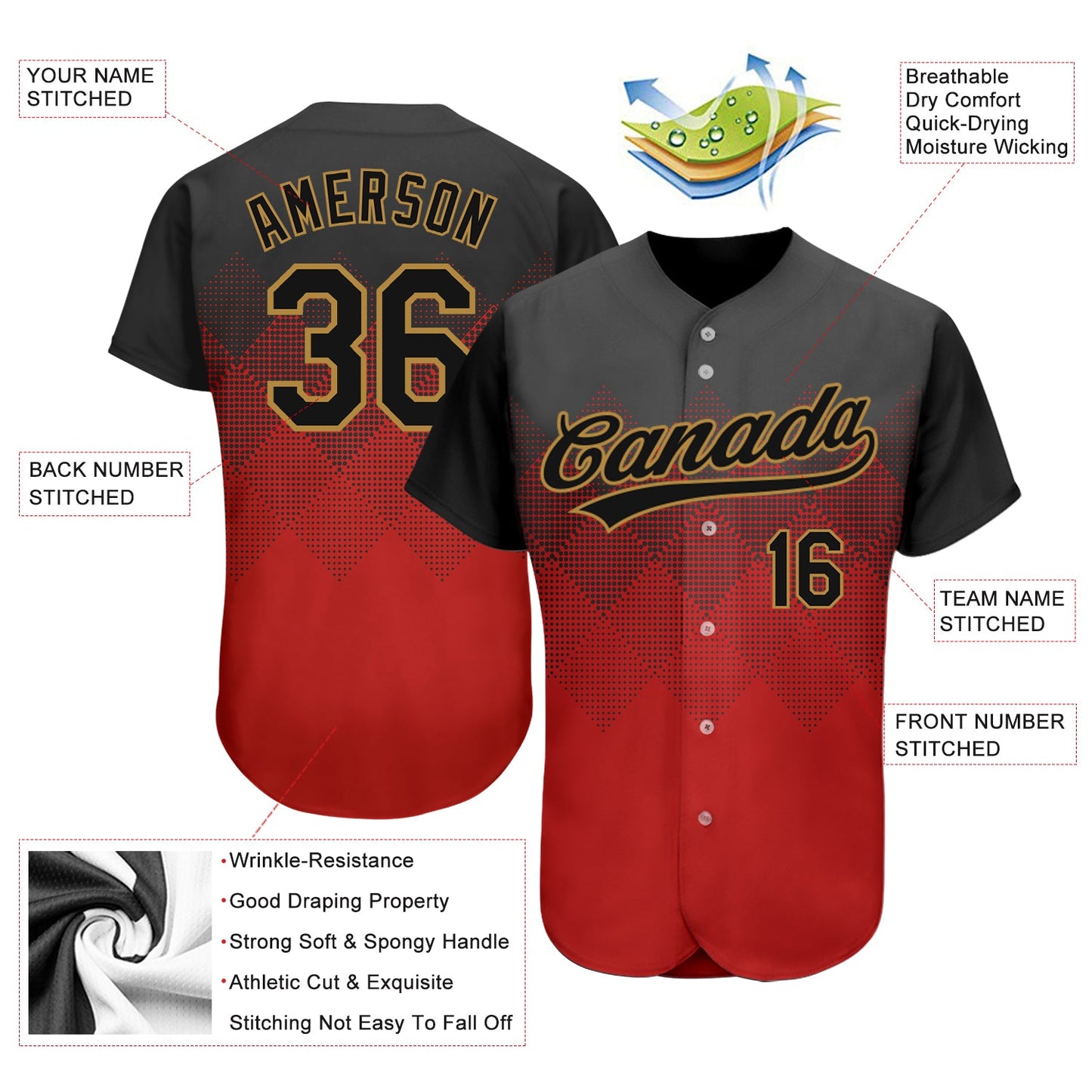 Custom Red Black-Old Gold 3D Pattern Design Authentic Baseball Jersey - Sky-Custom