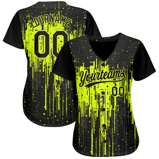 Custom Neon Green Black 3D Pattern Design Dripping Splatter Art Authentic Baseball Jersey - Sky-Custom