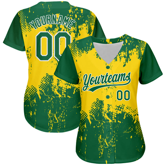 Custom Gold Green-White 3D Pattern Design Authentic Baseball Jersey - Sky-Custom