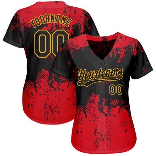Custom Red Black-Gold 3D Pattern Design Authentic Baseball Jersey - Sky-Custom