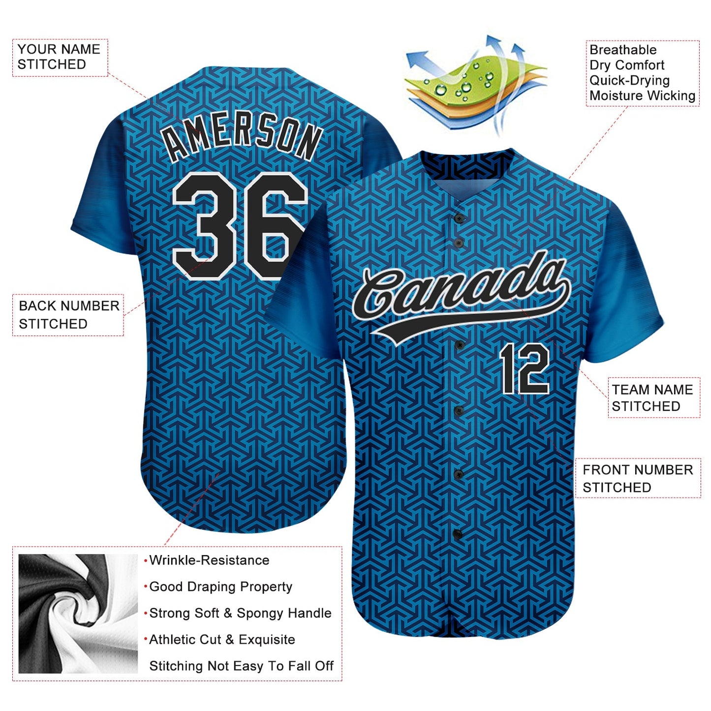 Custom Blue Black-White 3D Pattern Design Authentic Baseball Jersey - Sky-Custom