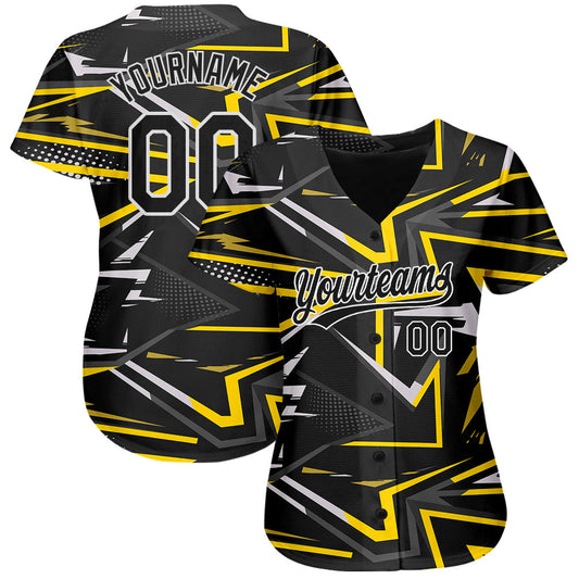 Custom Black Black-Gold 3D Pattern Design Authentic Baseball Jersey - Sky-Custom