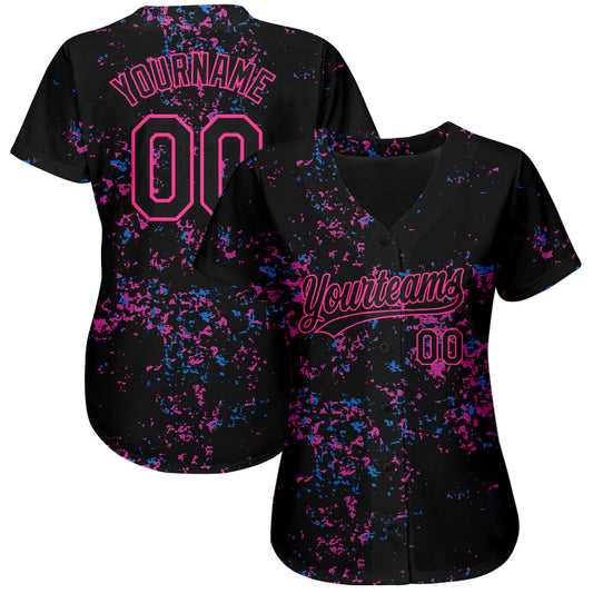 Custom Black Black-Pink 3D Pattern Design Authentic Baseball Jersey - Sky-Custom