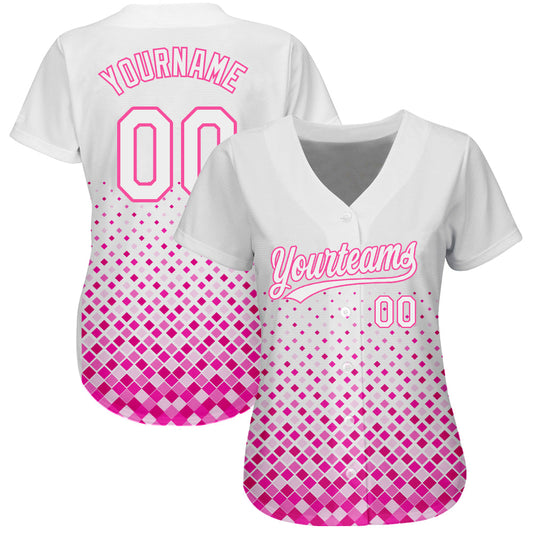 Custom White White-Pink 3D Pattern Design Authentic Baseball Jersey - Sky-Custom