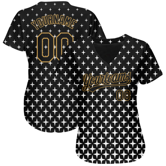 Custom Black Black-Old Gold 3D Pattern Design Authentic Baseball Jersey - Sky-Custom