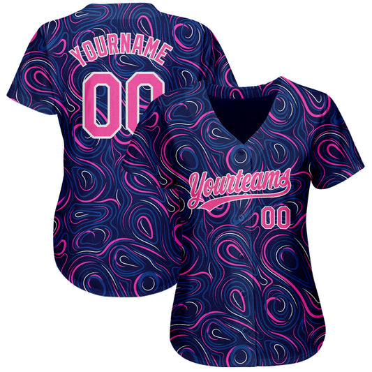 Custom Navy Pink-White 3D Pattern Design Authentic Baseball Jersey - Sky-Custom