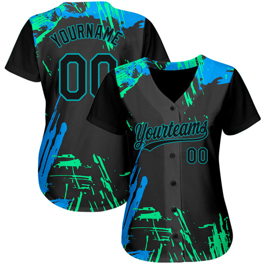 Custom Black Black Teal-Light Blue 3D Pattern Design Authentic Baseball Jersey - Sky-Custom