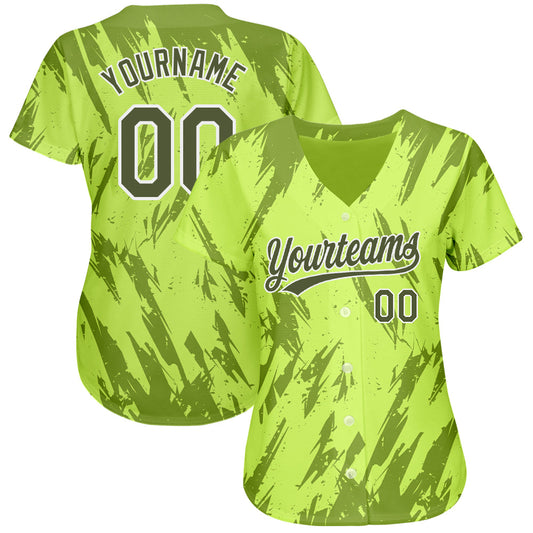 Custom Neon Green Olive-White 3D Pattern Design Authentic Baseball Jersey - Sky-Custom