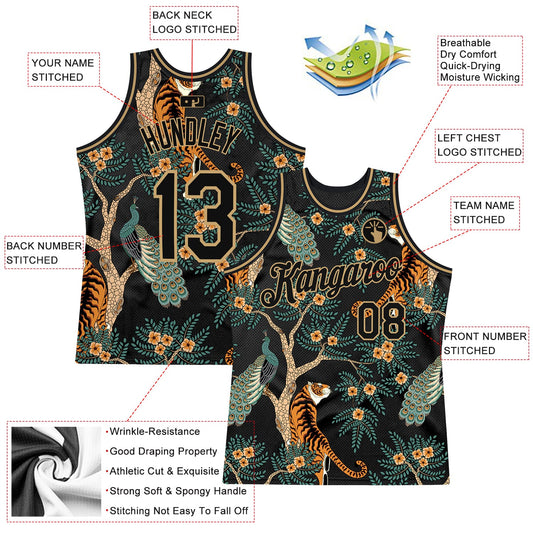 Custom Black Black-Old Gold 3D Pattern Design Tiger And Peacock Authentic Basketball Jersey - Sky-Custom
